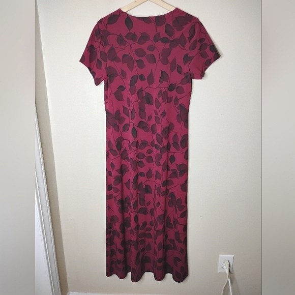 90s Travelsmith Maxi Dress Burgundy Leaf Print Fall Cottagecore Preppy Sz M - Picture 5 of 8